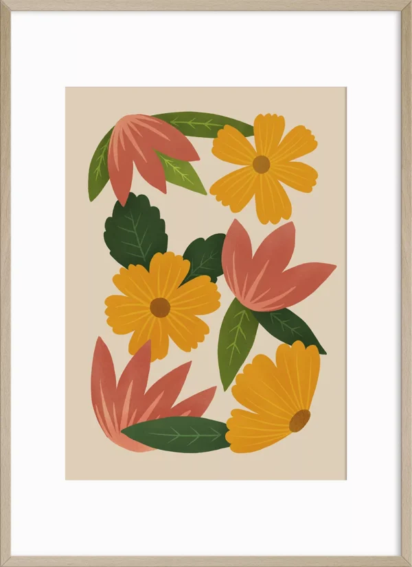 plakat i ramme med illustrasjon av røde og gule blomster