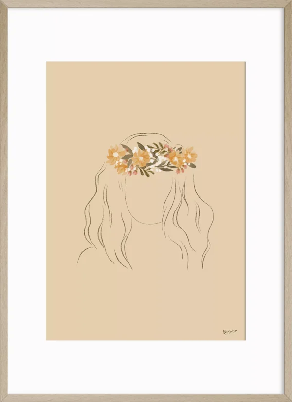 plakat i ramme med illustrasjon av jente med krans av blomster i håret