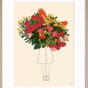 plakat i ramme med illustrasjon av stor blomsterbukett med jente på lys bakgrunn