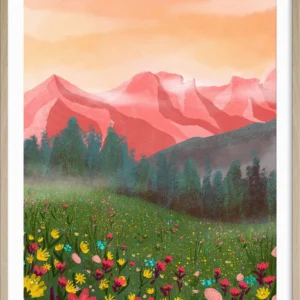 Plakat med vakkert fjellandskap, blomstereng og rosa himmel